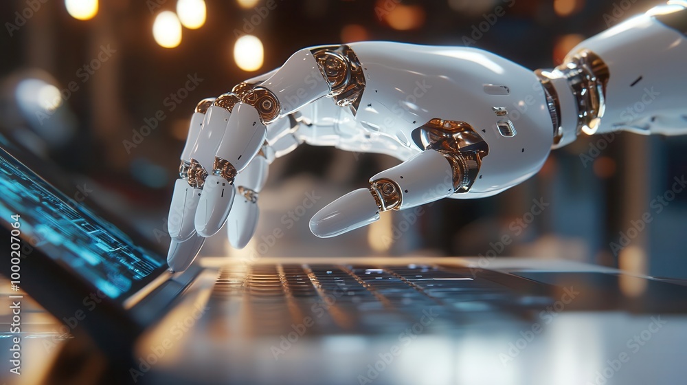 Poster robotic ai assistant futuristic robot hand pointing at laptop with chatbot interface 3d illustration