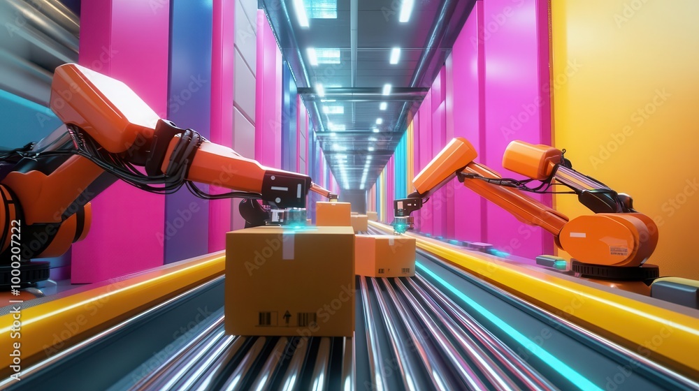 Poster robotic arms orchestrating a mesmerizing dance of packages on a hightech conveyor system laser scann