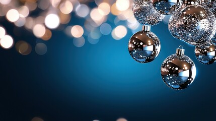   Shiny Christmas ornaments on a string against blue backdrop with Bokeh lights