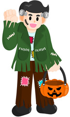 Frankenstein boy with Jack-O’-Lantern basket