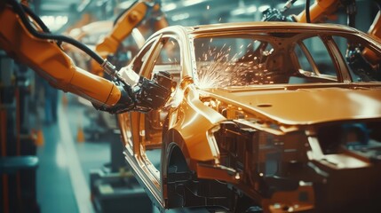 Obraz premium robotic arms welding car frame on futuristic assembly line sparks flying