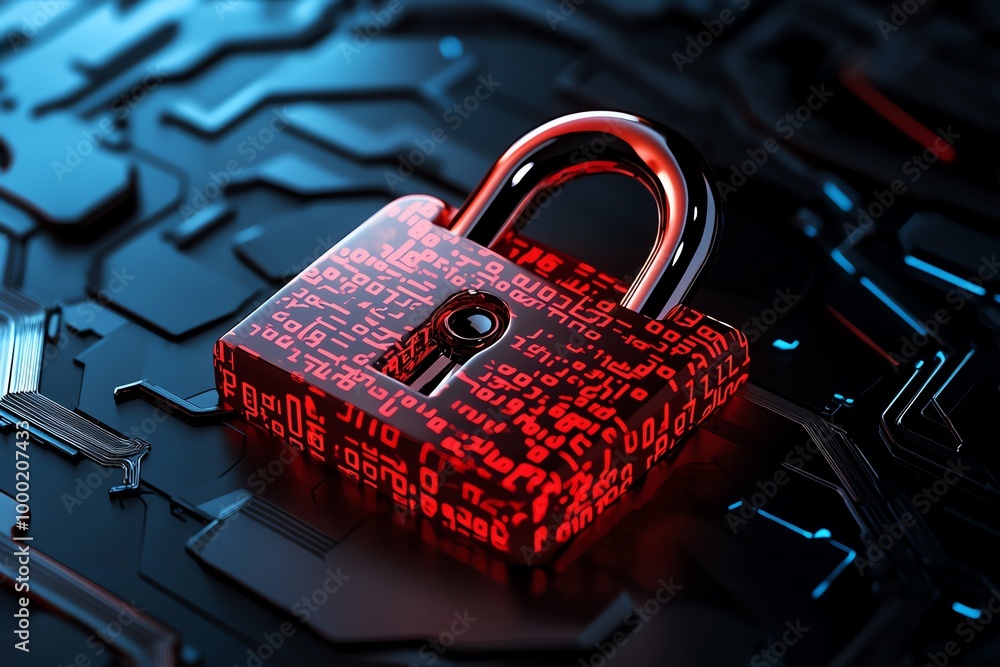 Poster Minimalist binary code and lock symbol, symbolizing cybersecurity breaches and hacker identity, with clean, bold lines in an abstract design