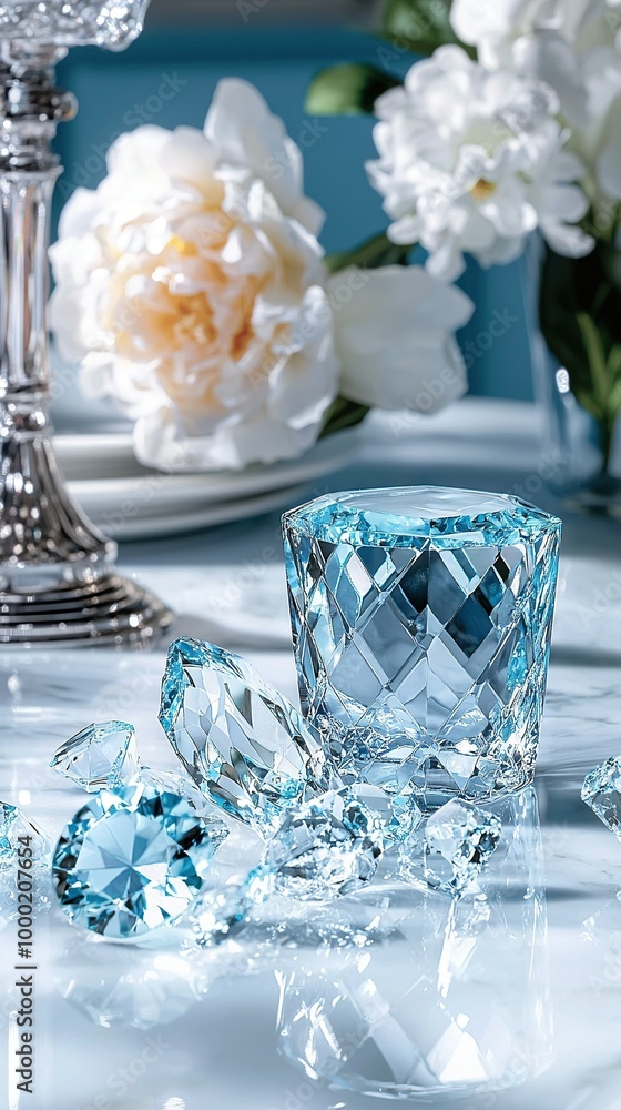 Poster   A crystal candle sits atop a table, surrounded by a vase with flowers and a clear glass candle