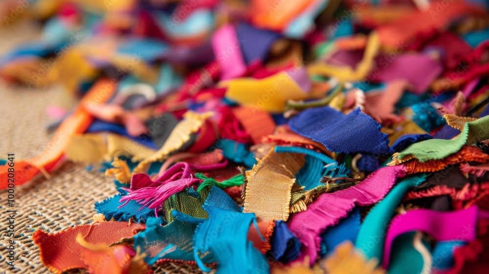 Poster a close-up view of assorted colorful fabric scraps scattered on a textured burlap surface. the image