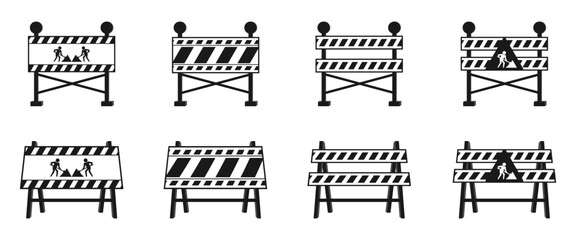 under construction sign with traffic barrier set. vector illustration isolated on white background.