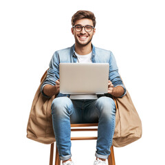 Full length happy young man sit in bag chair unboxing new laptop isolated on transparent background Generative AI