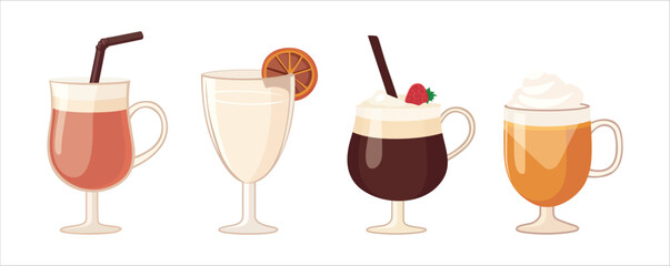 Set of vector illustration of popular winter drinks on white background