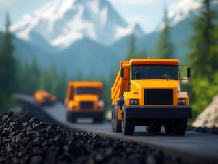 Road paving project with autonomous trucks delivering recycled asphalt, set against a mountainous background with green energy powering the machines, Sustainability, 3D Art