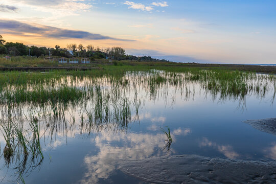 The flooded shore of the Caspian Sea