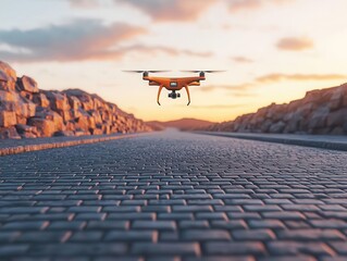Robotic pavers building a solar-powered road, drones flying overhead providing real-time data to construction teams, Sci-Fi, Digital Art