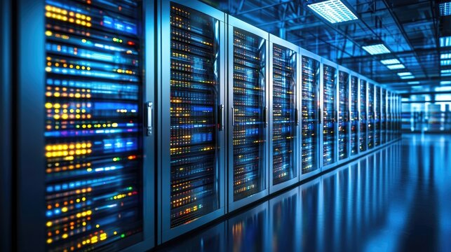 Photograph of modern data center server racks, storage systems and cloud computing. 3D forward-moving camera view.