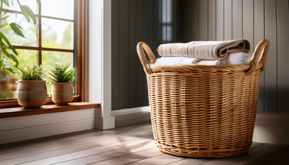 Rustic Wicker Laundry Basket with Handles in Bathroom Corner 