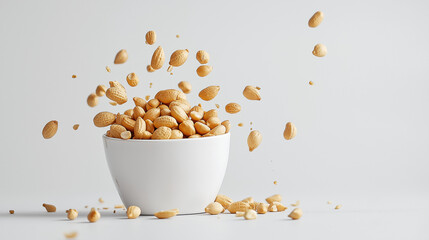 White Bowl of Peanuts with Flying Nuts in Minimalist Design