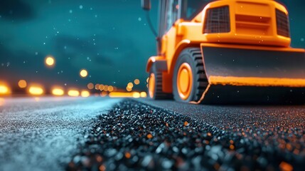 Modern road paving project, autonomous machines working under the stars, neon lights reflecting off the freshly laid asphalt, Futurism, 3D Render