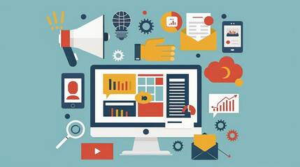 A visual of digital marketing strategies for tech startups, showcasing growth hacking, SEO, and social media marketing.