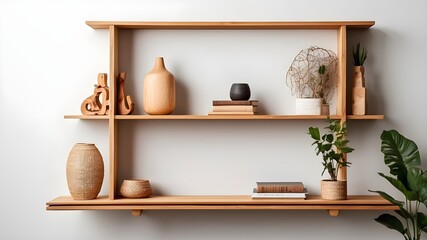 Light-colored wall with wooden shelves holding books, picture frames, and ornamental items
