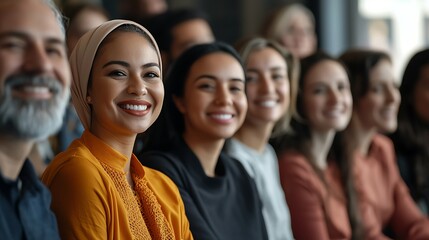 Fototapeta premium Diverse and inclusive group of office colleagues smiling at a team building workshop event, workplace race inclusion and diversity concept 