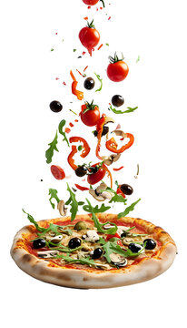 Fresh and colorful pizza ingredients are frozen mid-air as they float above a freshly baked pizza crust.