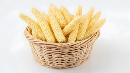 Realistic close-up of fresh baby corn in a wicker basket on a white background, showcasing their tiny size and smooth