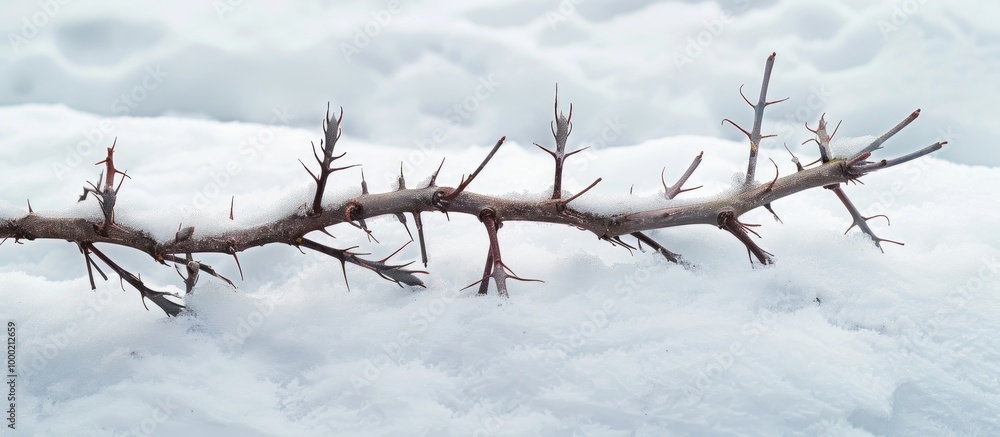 Aufkleber dry bare tree branch with sharp thorns on snow background