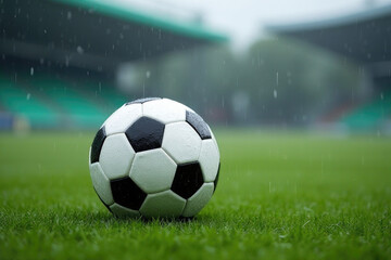 Obraz premium Soccer ball on grass field outdoor, rain falling