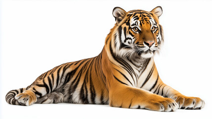 Fototapeta premium Majestic tiger reclining against white background. World Animal Day. International Tiger Day