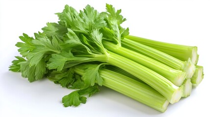 Fresh bunch of green celery stalks with leaves on white background
