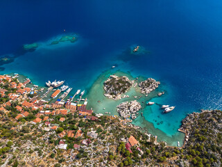 Kekova Island in the Summer Season Drone Photo, Mediterranean Sea Kalekoy Kekova, Demre Antalya, Turkiye (Turkey)
