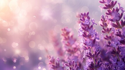 Fototapeta premium Lavender flowers on dreamy background with soft focus and pastel colors with beautiful bokeh effect and warm sunlight