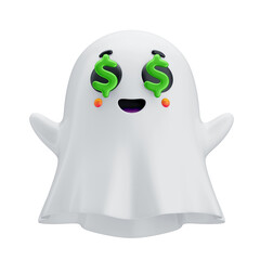 Asset 3D ghost emoji with dollar signs in its eyes symbolizing greed or excitement for money