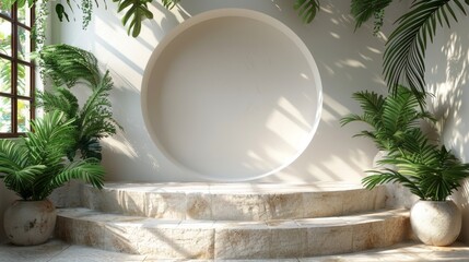 Minimalist interior design with circular niche, stone steps lush green potted plants