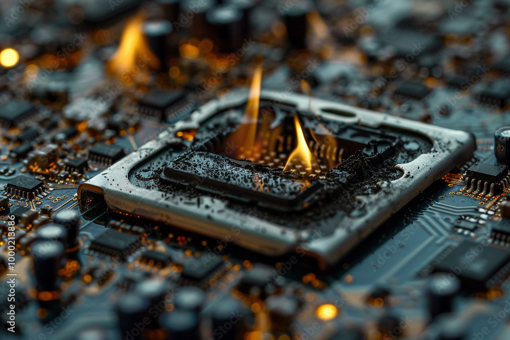 Poster burnt-out computer chip a visual metaphor for the burnout in tech industries