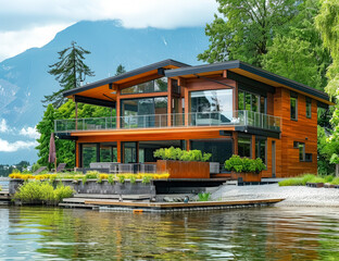 Obraz premium Large house with a beautiful view of the mountains and a lake. The house is surrounded by rocks and has a large deck overlooking the water