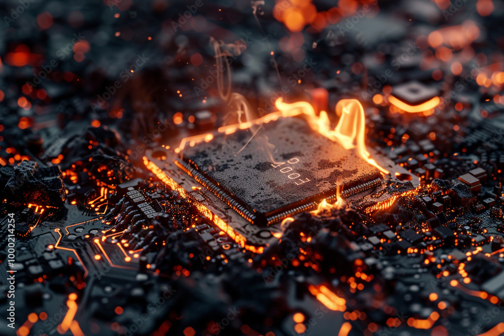 Aufkleber burnt-out computer chip a visual metaphor for the burnout in tech industries