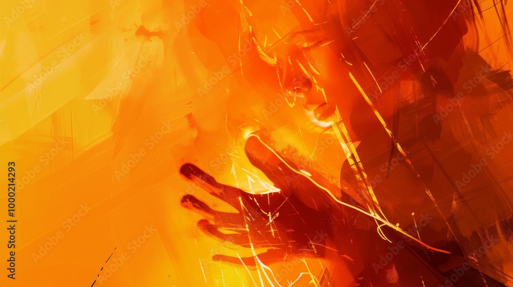 Poster Vibrant abstract digital artwork featuring a figure illuminated by bright orange light. The dynamic strokes and intense glow create a feeling of energy and transformation. Ideal for art projects and