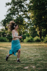 A woman joyfully dances in a sunny park while listening to music on her headphones. Her vibrant...