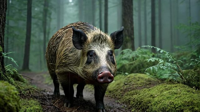 Wild boar foraging for food in dense green forest motion video. Wild hog walking through woodland searching for sustenance video footage. Wildlife exploring nature clip.