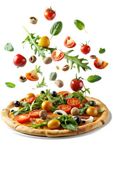 Fresh and colorful pizza ingredients are frozen mid-air as they float above a freshly baked pizza crust.