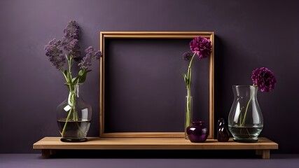 the chic arrangement of copy space in a minimalist setting. Dried flower vase, sculpture, black commode, and personal accessories. Wall of beige. Interior design template.
