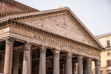 Exterior portico of the Pantheon in Rome, the famous temple built by Hadrian in AD 126.