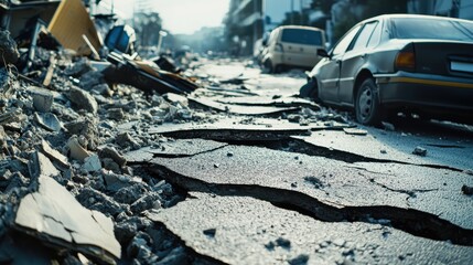 Highways and streets damaged by intense seismic activity, showcasing broken asphalt, overturned vehicles, and scattered debris.
