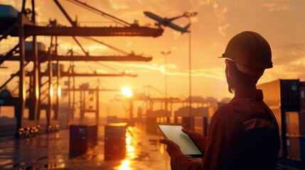 Fototapeta premium Silhouette of man using tablet in industrial warehouse during sunset