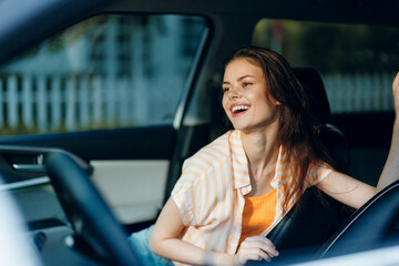 Young woman smiling inside a car, stylish casual outfit, enjoying a sunny day Bright colors enhance the cheerful atmosphere, ideal for lifestyle and travel themes