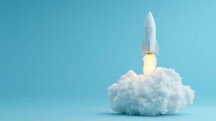 Digital cloud transforming into a rocket, symbolizing technological advancement, innovation, cloud-driven growth