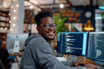 Fototapeta premium Cheerful Black programmer man working with computers in office. , background blur