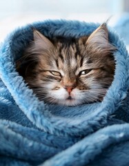 寒い冬の日、ふわふわの毛布にくるまってまるまっている猫。顔だけを毛布からのぞかせ、眠たそうにくびをしている愛らしい姿