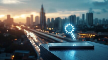 Service fix car with wrench tool icon on modern smart mobile phone screen on wooden table over city tower, street, expressway skyscraper, Business repair car online concept