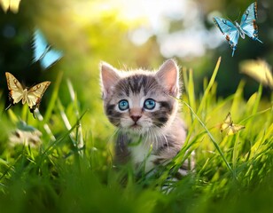  緑の草むらで元気いっぱいに遊んでいる子猫。草の間から見つめのぞかせたり、蝶を眺めたりして遊んでいる姿は無邪気で愛らしく、草の緑と子猫の毛並みのコントラストが美しい