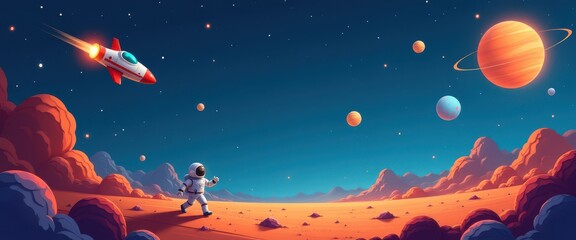 Astronaut exploring a new planet with a rocket in the sky.