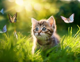  緑の草むらで元気いっぱいに遊んでいる子猫。草の間から見つめのぞかせたり、蝶を眺めたりして遊んでいる姿は無邪気で愛らしく、草の緑と子猫の毛並みのコントラストが美しい